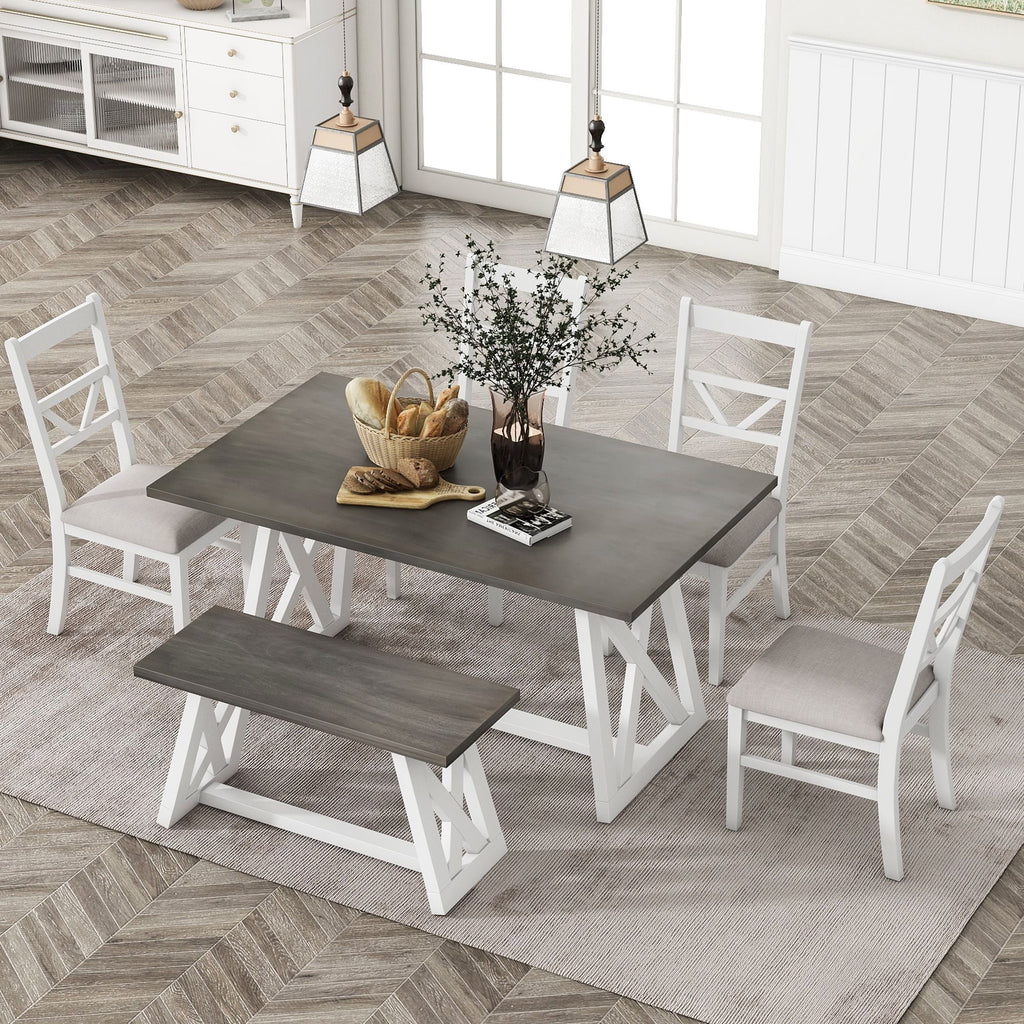 6-Piece Solid Wood Dining Table Set with 4 Upholstered Chairs & 1 Bench R382843