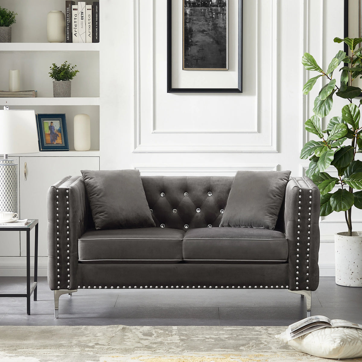 Tufted Velvet Loveseat with 2 Pillows Metal Legs Z61564