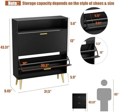 Black Narrow Shoe Cabinet with 2 Flip Drawers U603501
