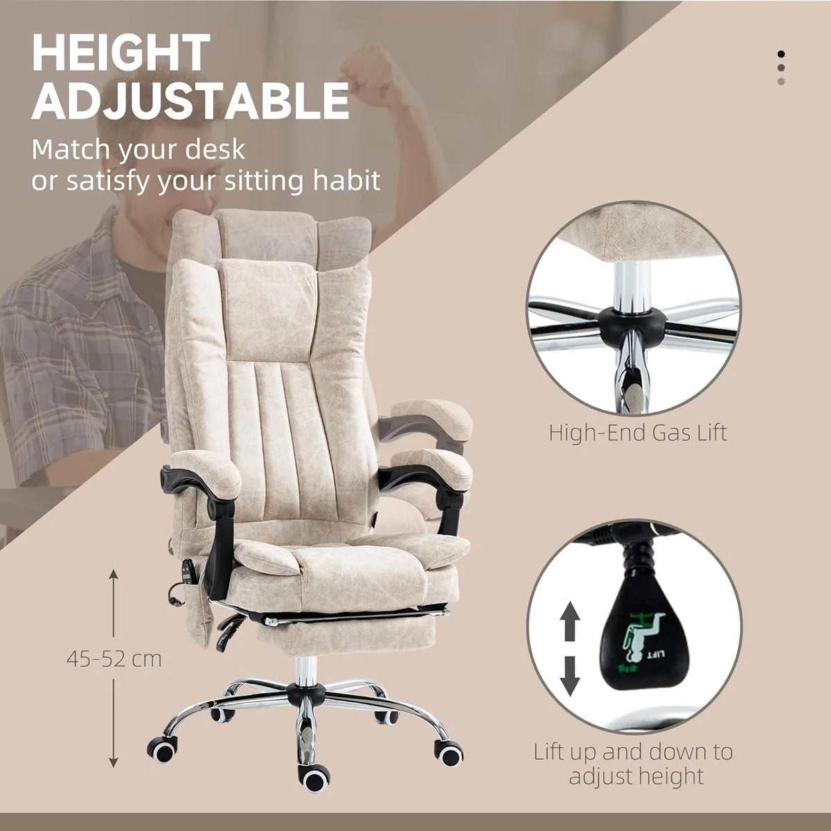 Cream White Microfiber High Back Office Chair with Massage and Footrest R143518