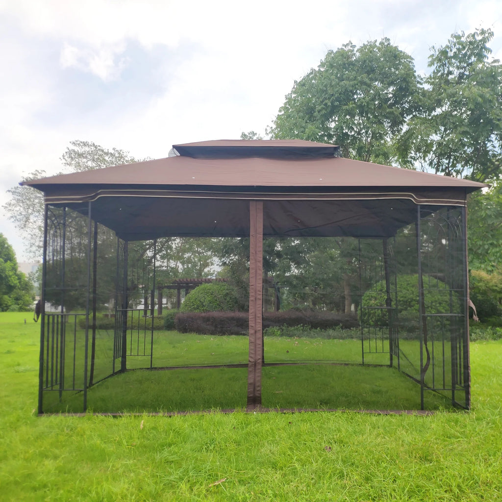 Brown Top Outdoor Patio Gazebo Canopy Tent With Ventilated Double Roof And Mosquito Net Q46582