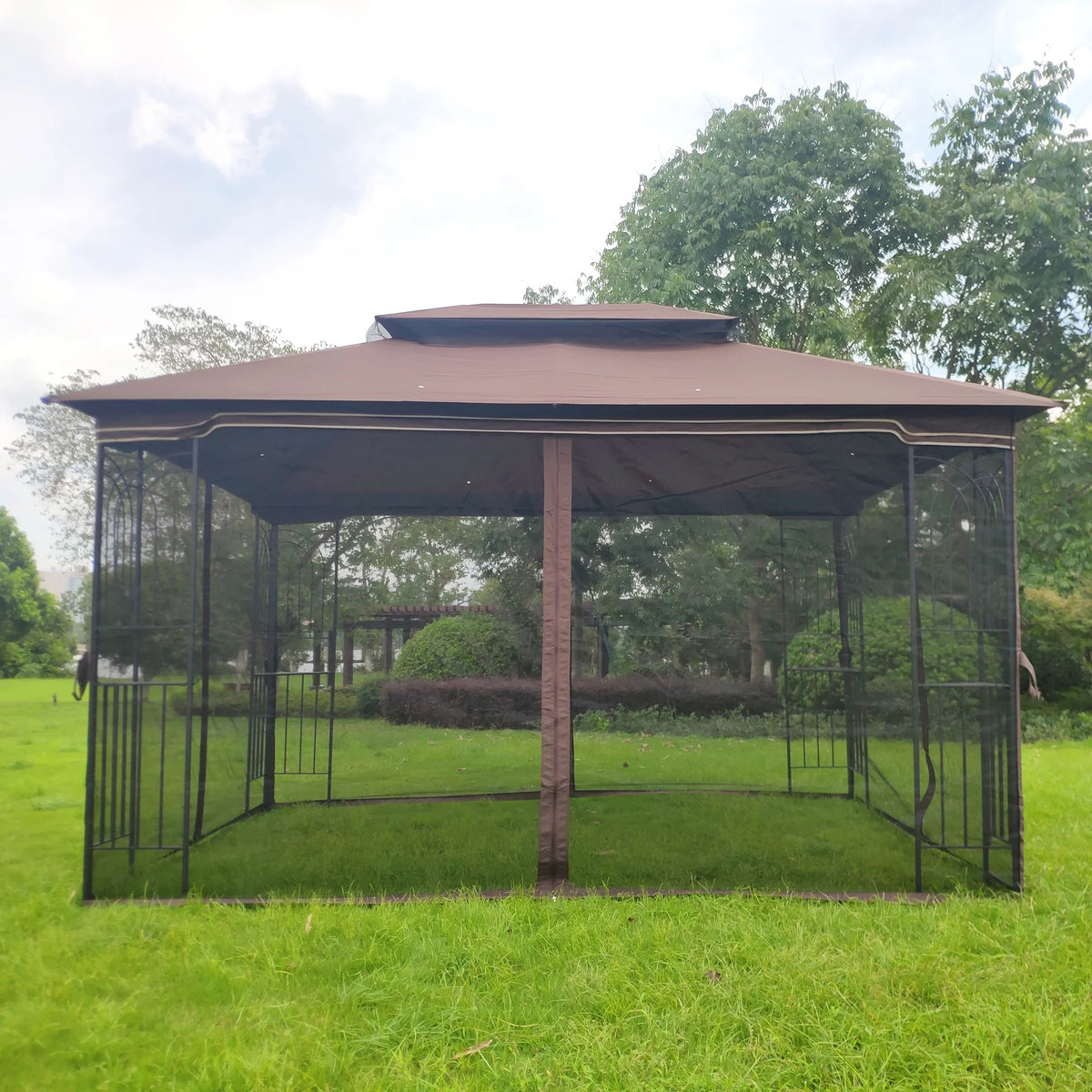 Brown Top Outdoor Patio Gazebo Canopy Tent With Ventilated Double Roof And Mosquito Net Q46582
