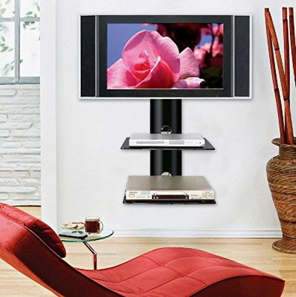 High Gloss Black Double Shelf Wall Mounted AV Component Shelving System with 2 Tempered Glass Shelves G455347