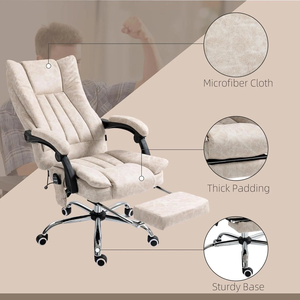 Cream White Microfiber High Back Office Chair with Massage and Footrest R143518