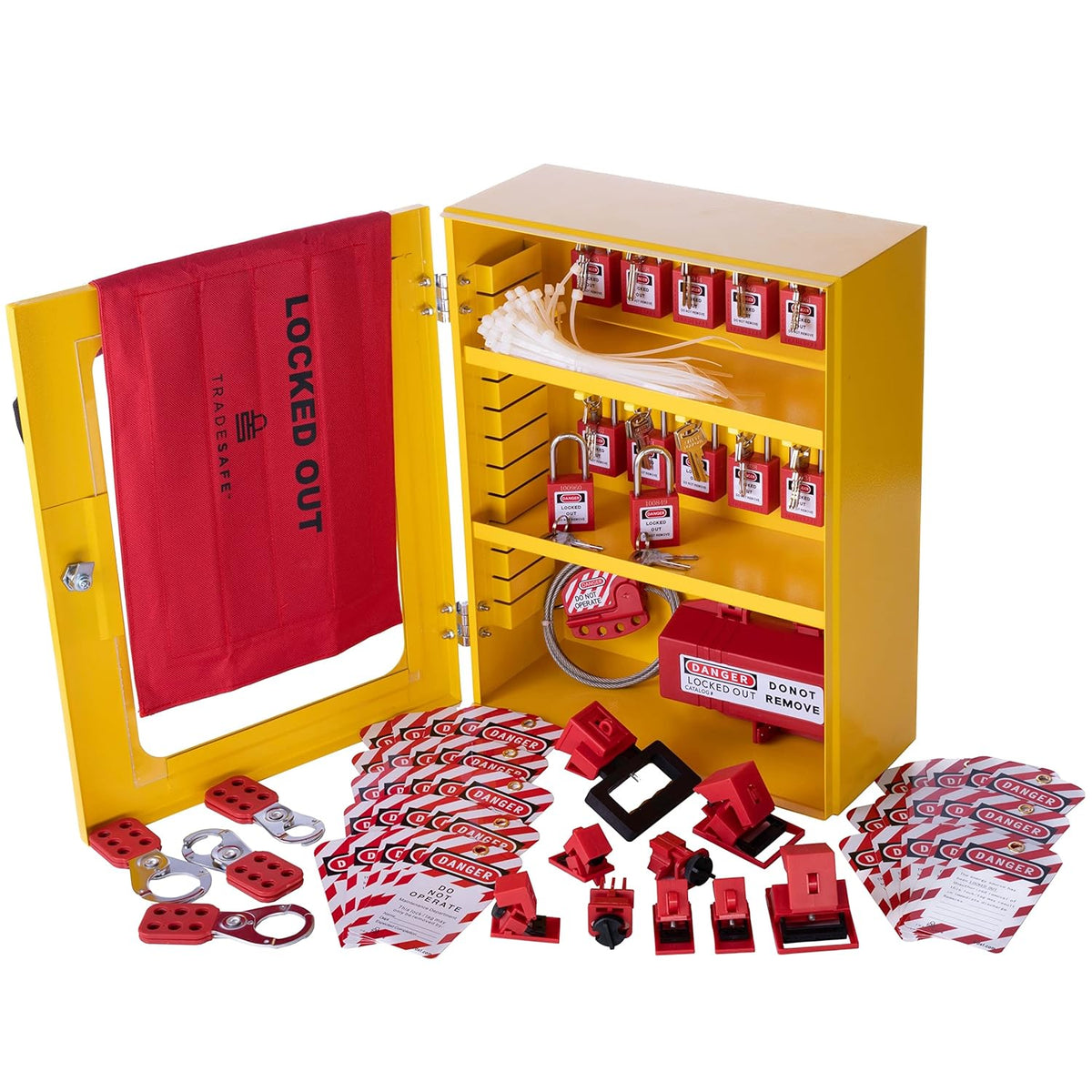 Lockout Tagout Storage Cabinet, 69 Piece, Wall-Mountable, 2 Movable Shelf Partitions E562002