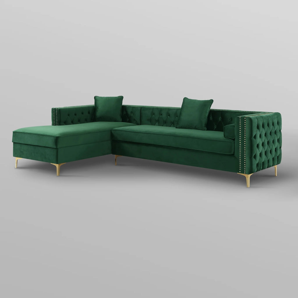 Hunter Green Velvet Chaise Sectional Sofa with Gold Nailhead Trim F8367