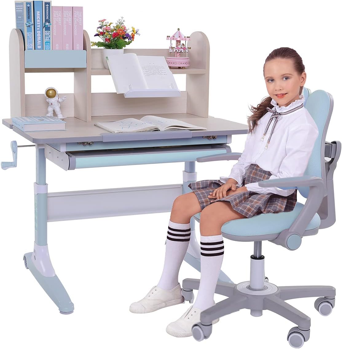 Pink Height Adjustable Kids Study Desk and Chair Set with Drawer and Bookshelf C224416