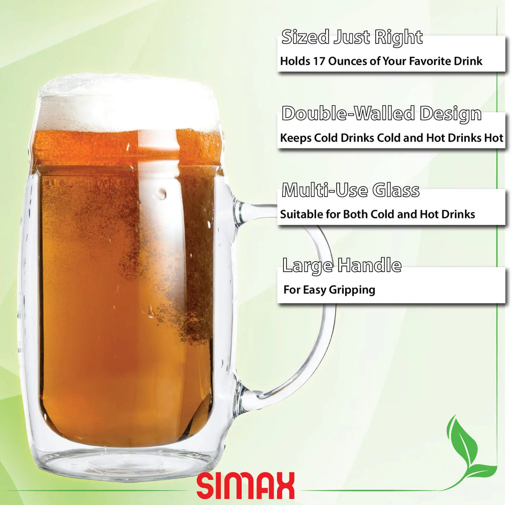 17 oz Double Walled Glass Beer Mugs with Handles (6) I3720