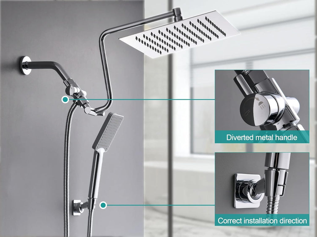 Chrome Rainfall Shower Head with Handheld Combo, Stainless Steel, Brass Holder, Extra Long Hose W88915