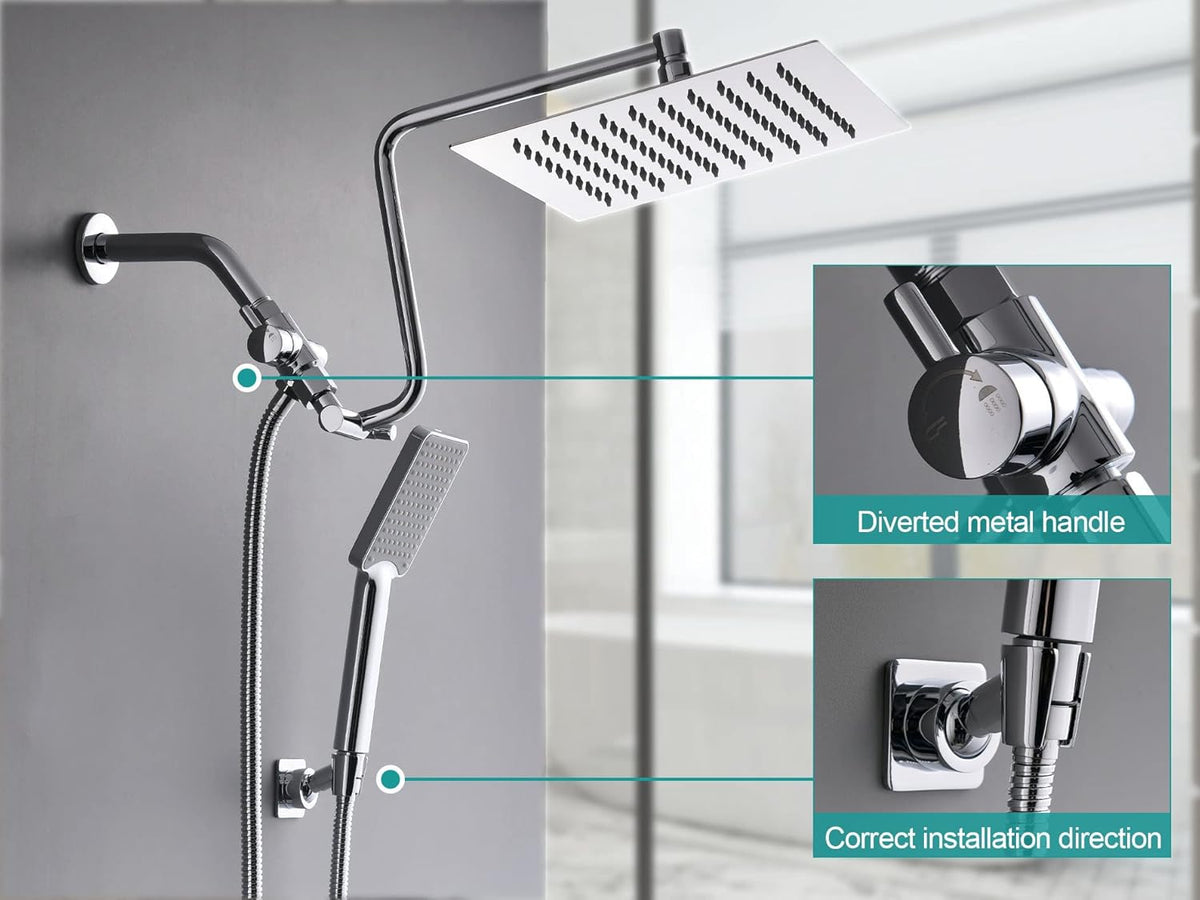 Chrome Rainfall Shower Head with Handheld Combo, Stainless Steel, Brass Holder, Extra Long Hose W88915