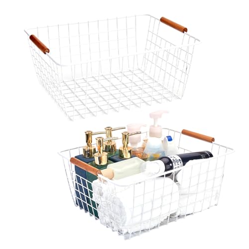 White Wire Baskets with Wooden Handles Set of 2 V34931