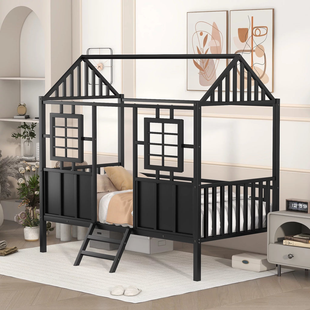 Black Metal Twin Low Loft Bed with House-Shaped Roof and Window P597947