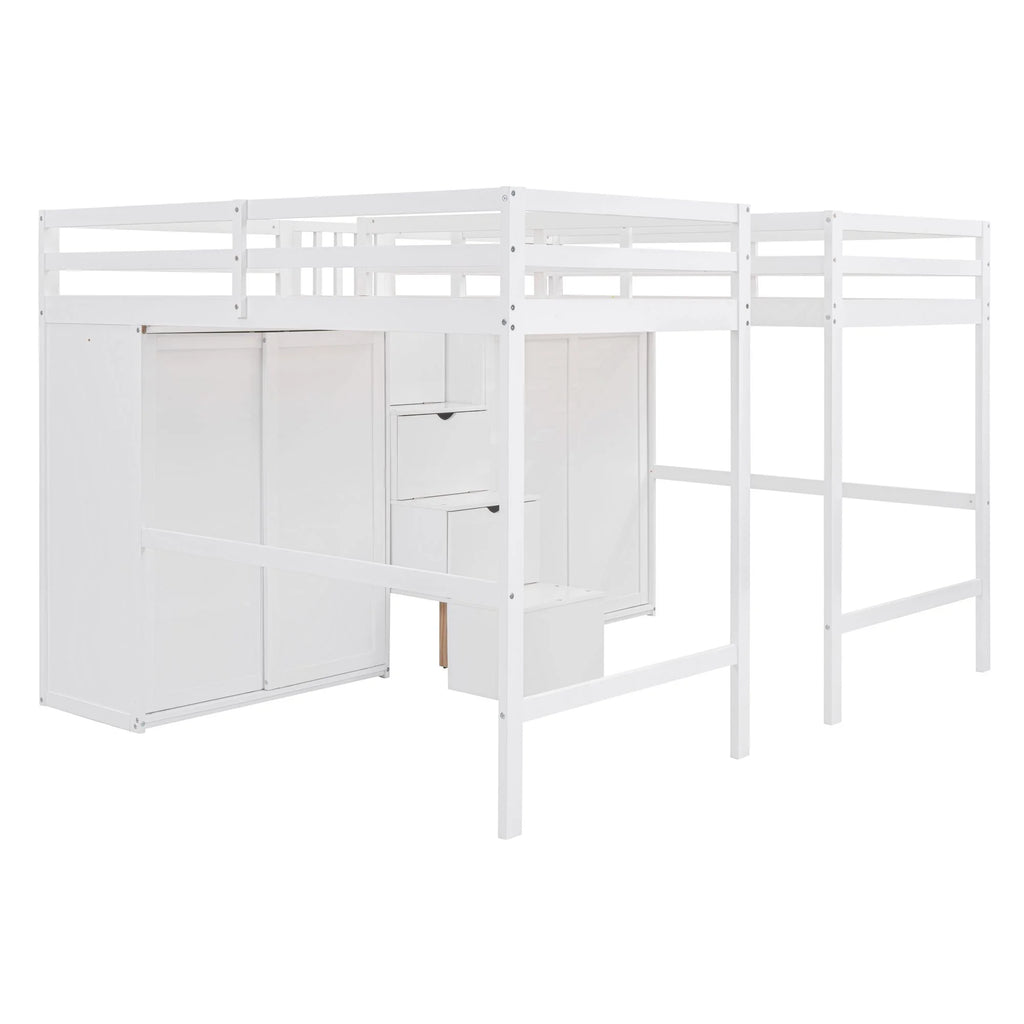 Solid Wood Double Twin Loft Bed with Wardrobes and Staircase G40517