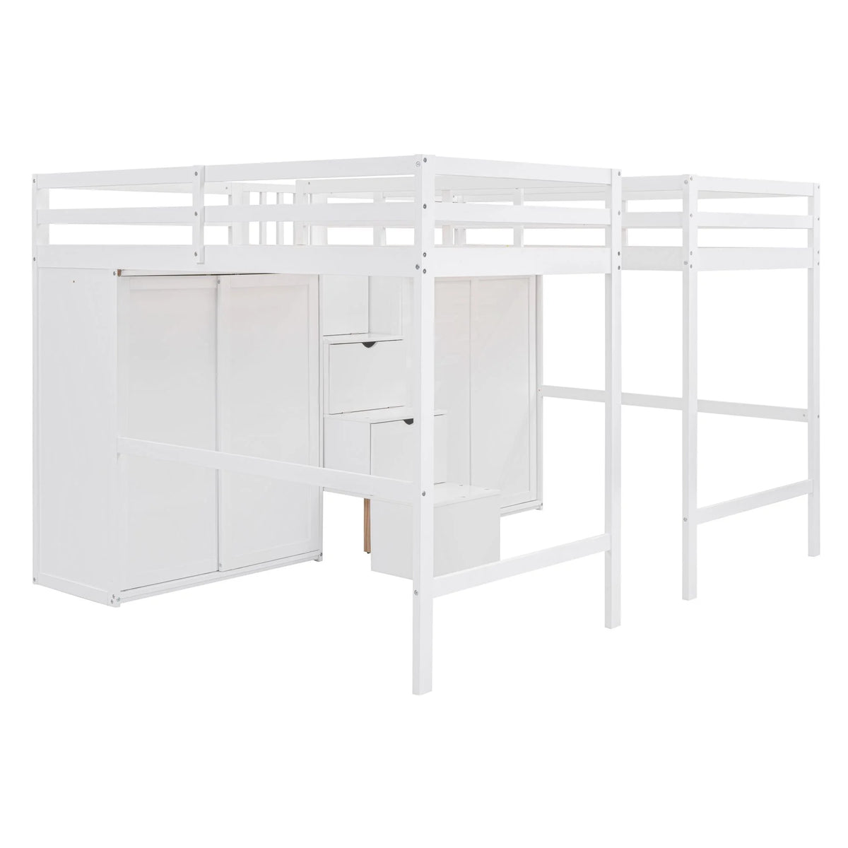 Solid Wood Double Twin Loft Bed with Wardrobes and Staircase G40517