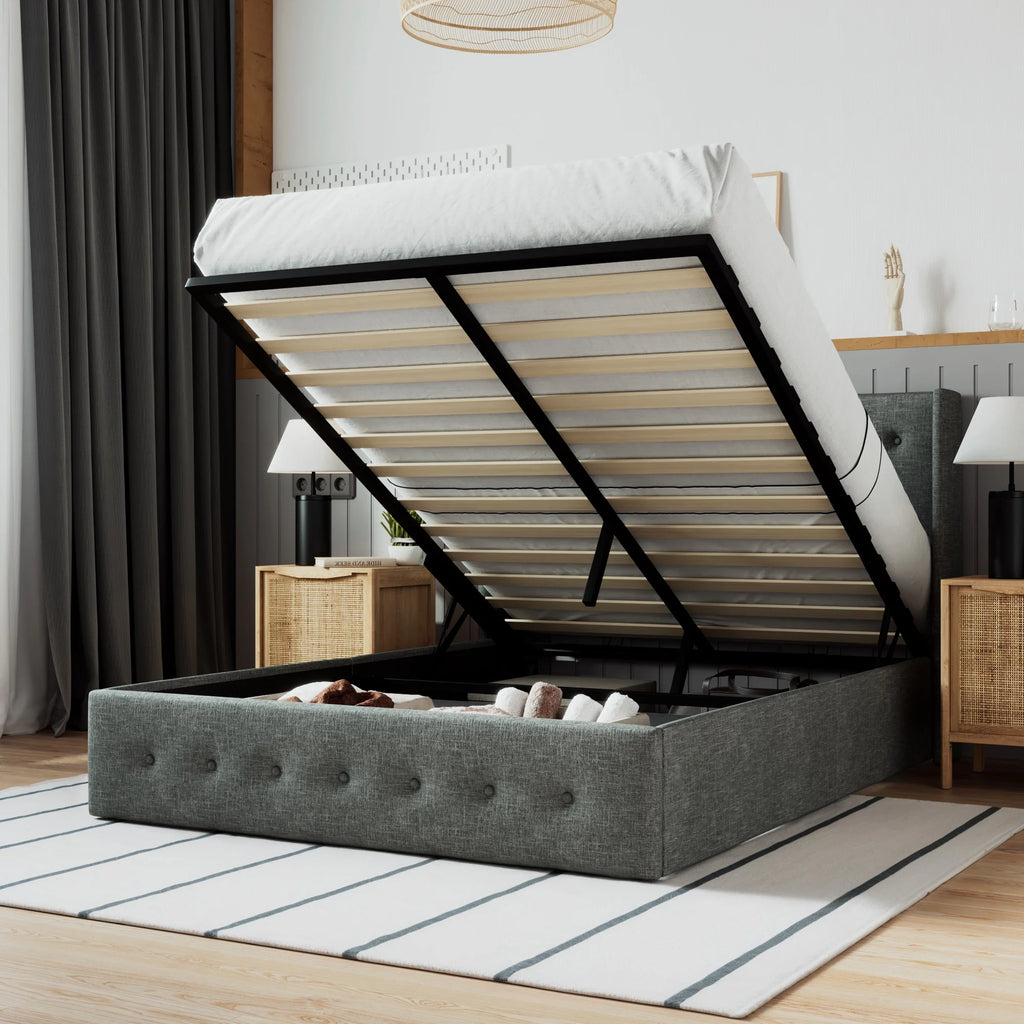 Beige Queen Size Lift Up Platform Bed Frame with Headboard M408145