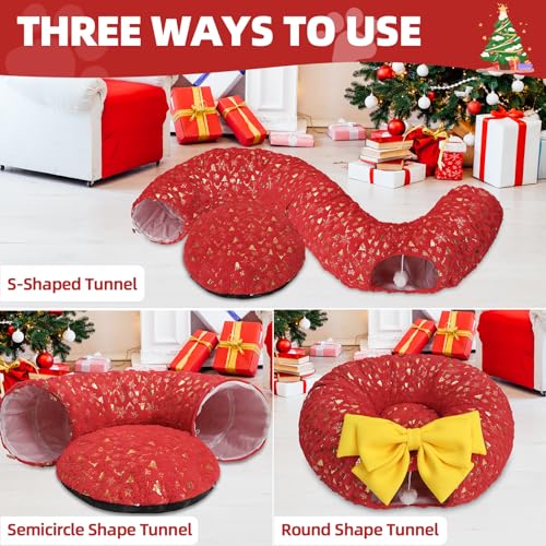 Christmas Cat Tunnel with Bowtie, Washable Circle Cushion and Plush Ball Toy, Red H416