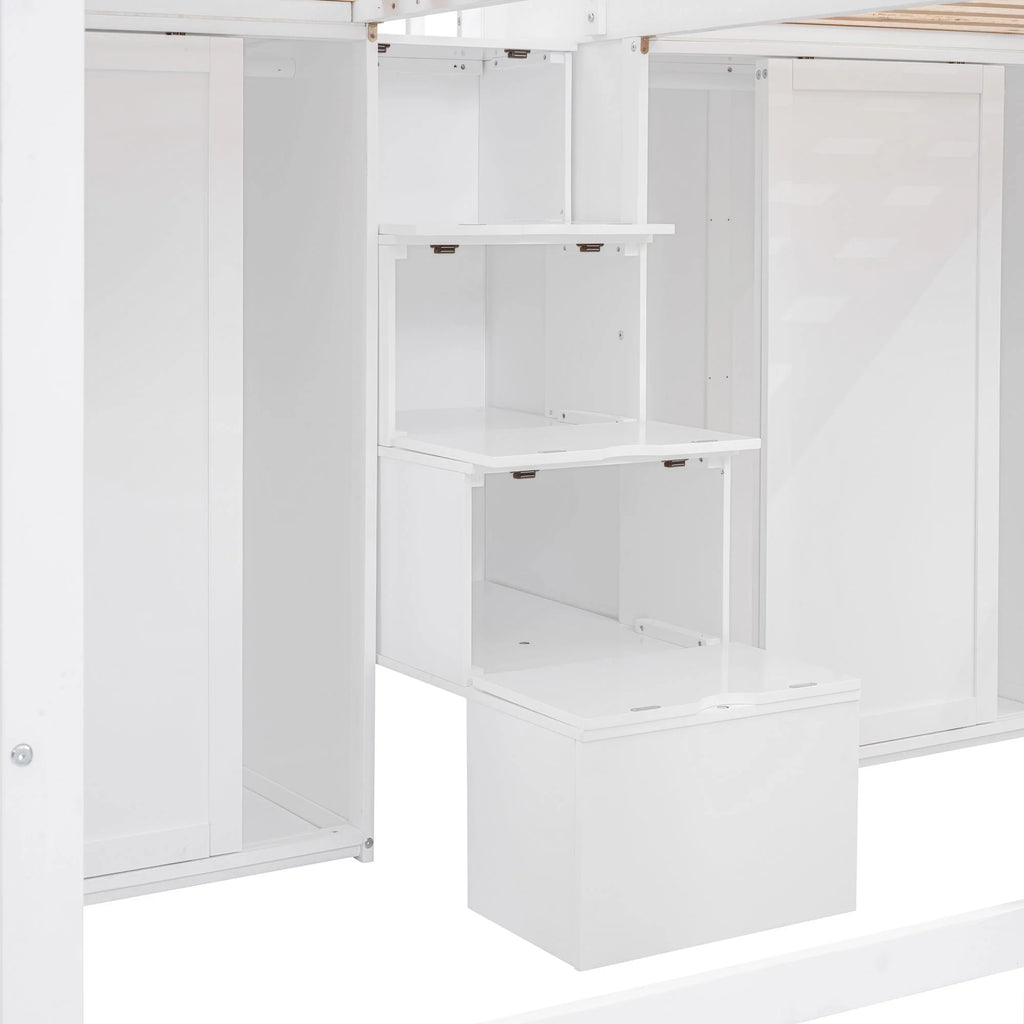 Solid Wood Double Twin Loft Bed with Wardrobes and Staircase G40517