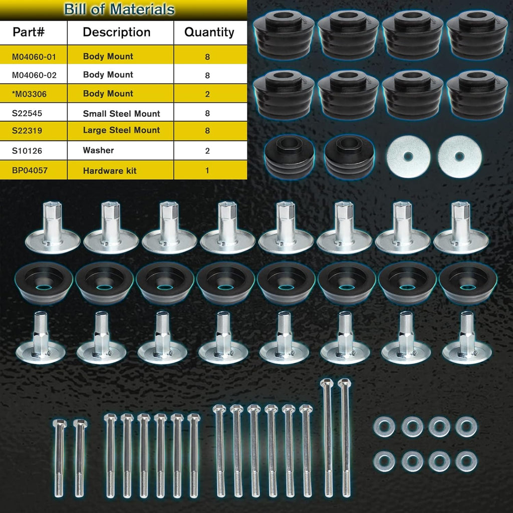 18Pcs Polyurethane Body Mount Bushing Kit with Hardware & Steel Sleeves (Black) T23524