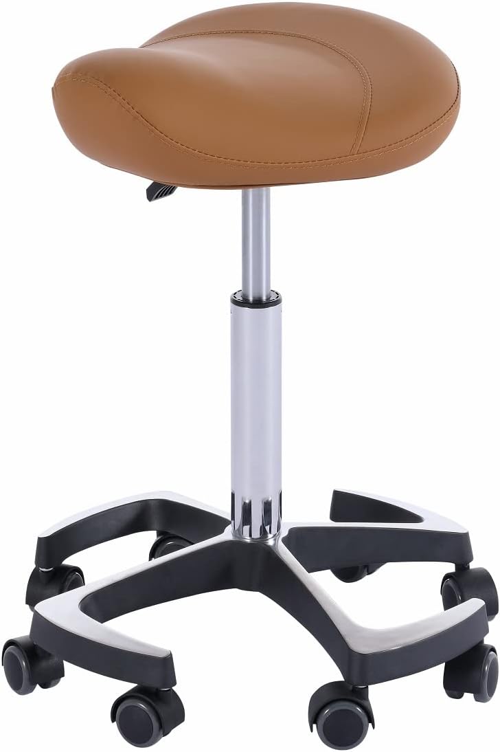 Hydraulic Saddle Stool with Wheels Height Adjustable Rolling Swivel Chair in Camel G760086
