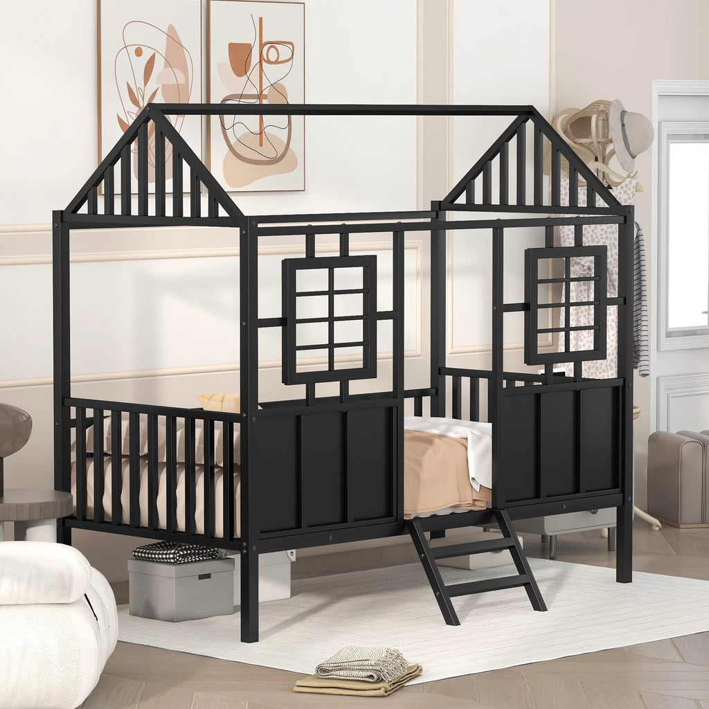 Black Metal Twin Low Loft Bed with House-Shaped Roof and Window P597947
