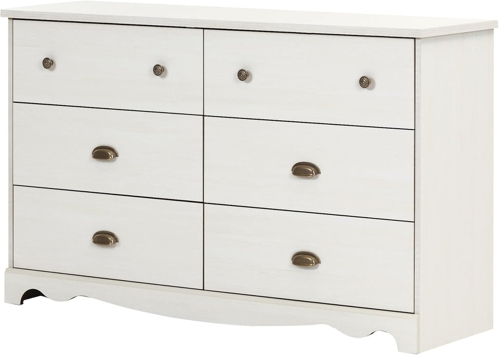 White Wash 6-Drawer Double Dresser with Metal Handles Q2978