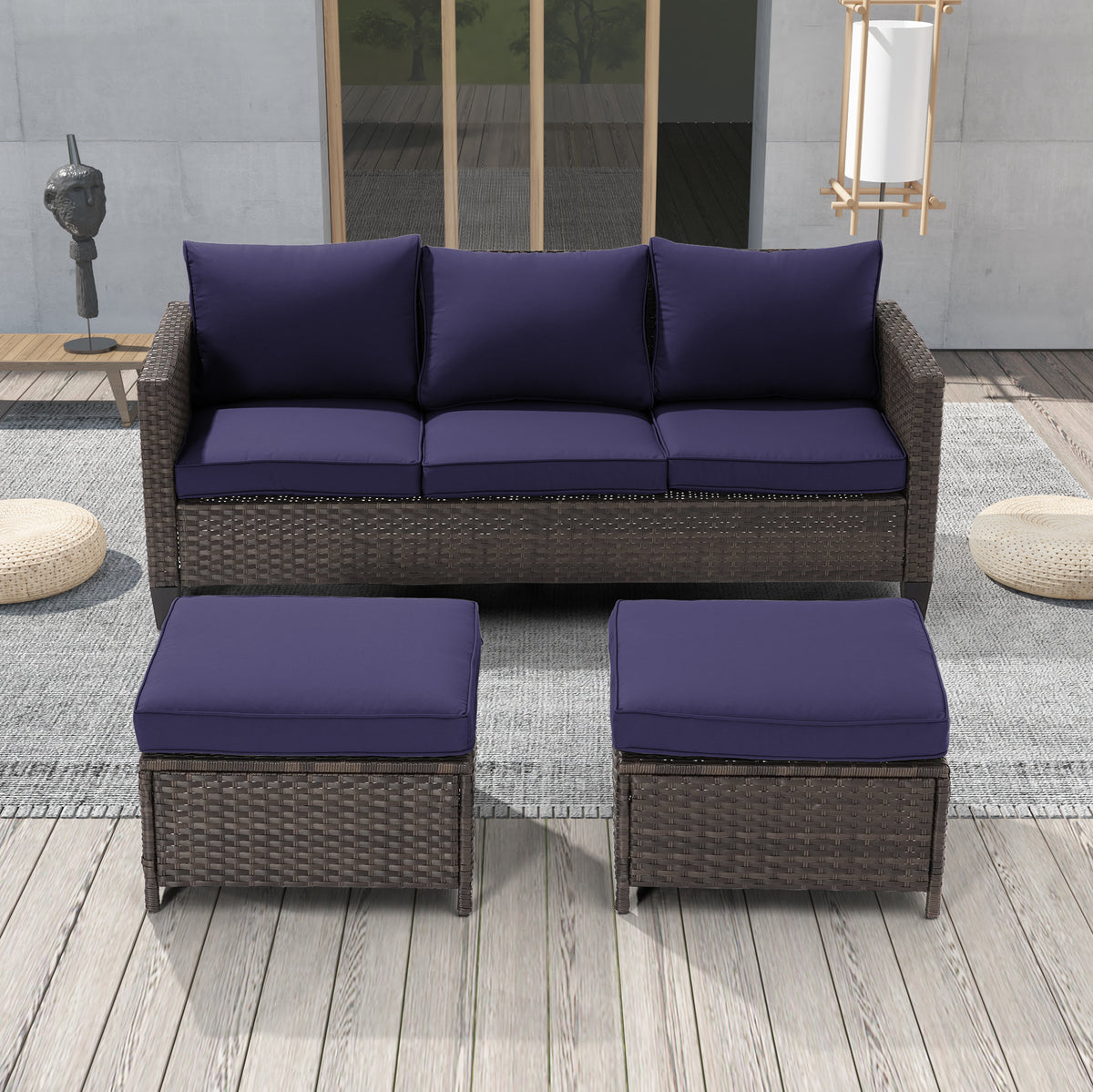 Navy Blue 3-Piece Rattan Patio Sofa Set A388