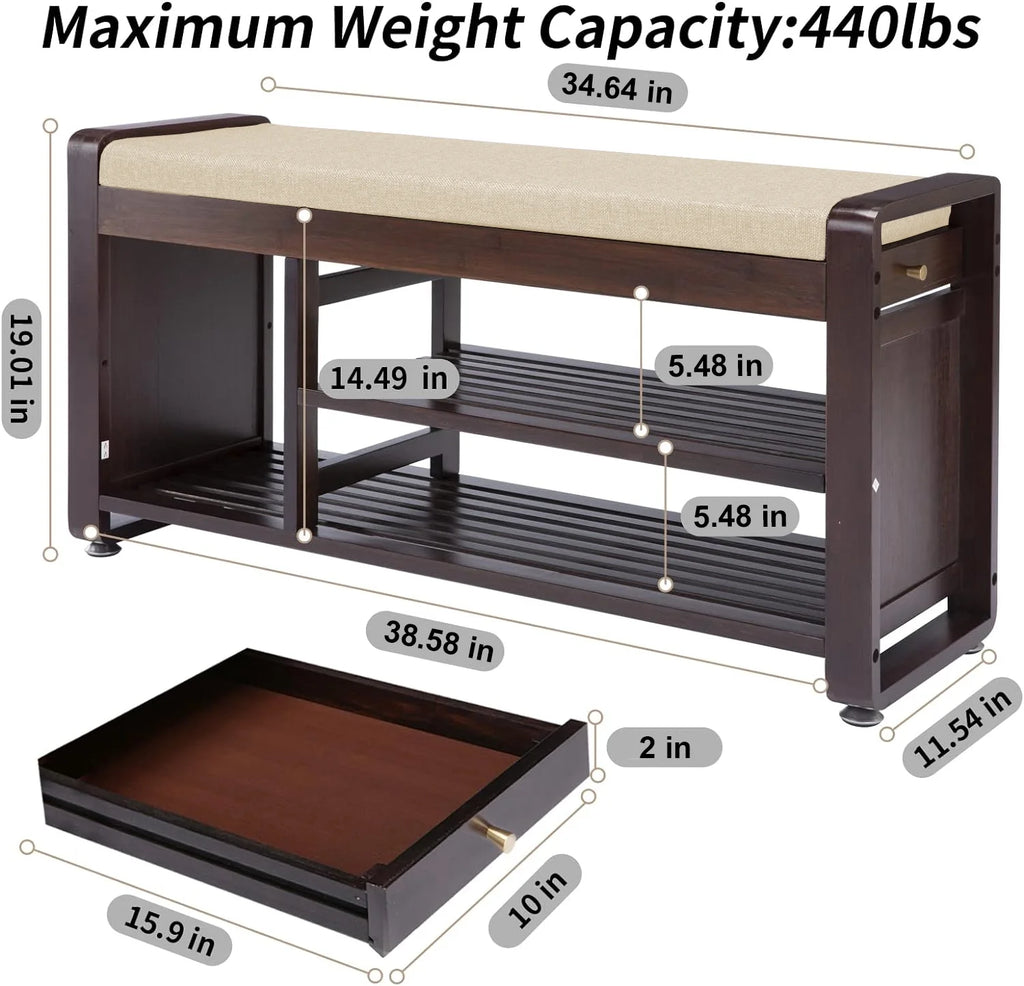 Bamboo Shoe Bench with Cushion and Side Hooks J910210