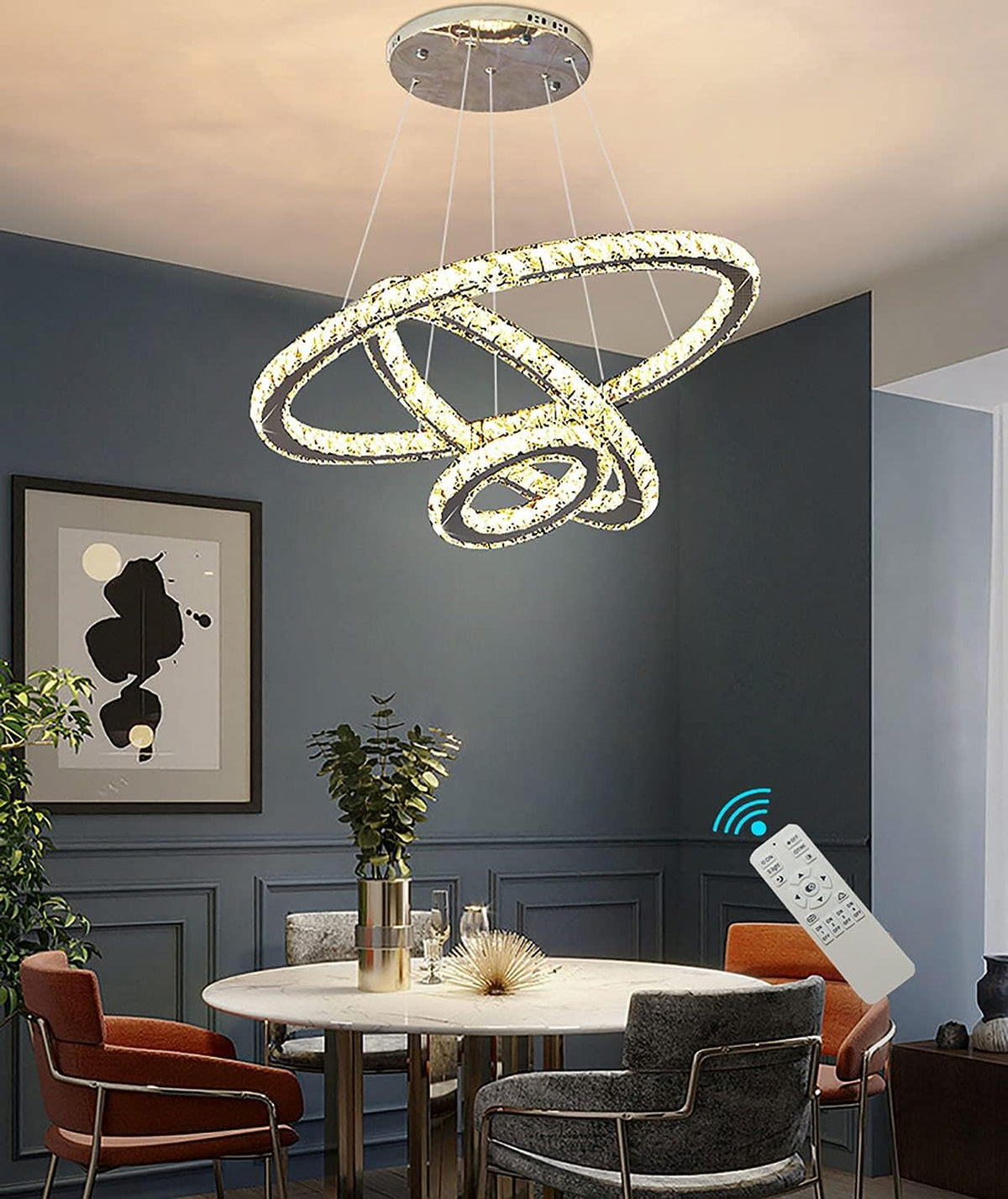 Modern K9 Crystal Chandelier LED Dimmer 3 Ring Ceiling Pendant Light N269