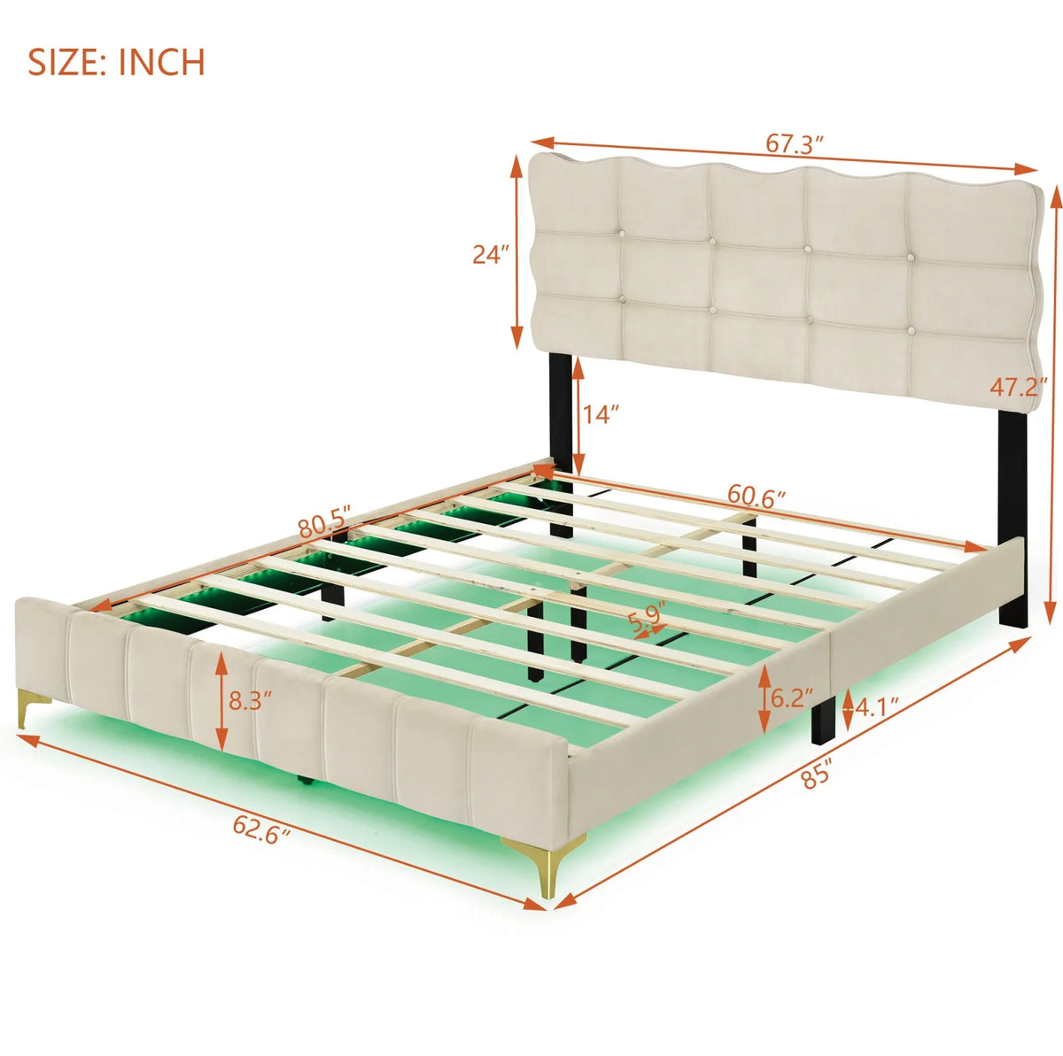 Queen Size Beige Velvet Upholstered Platform Bed with LED D97860
