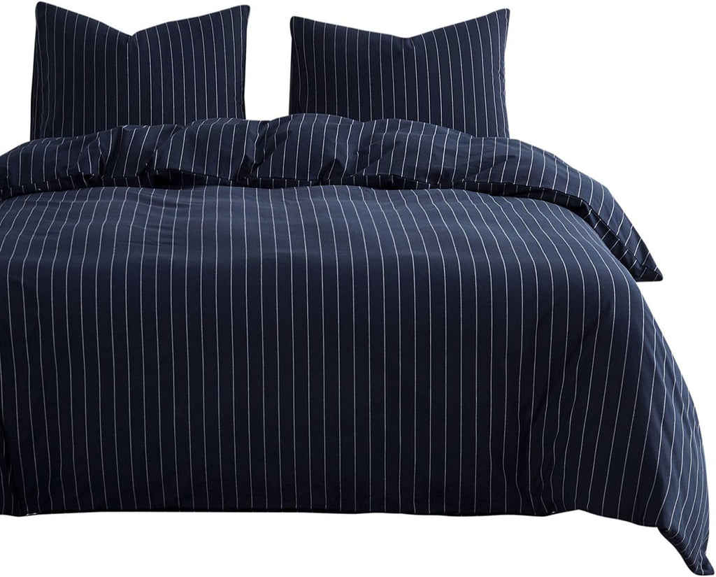 White Striped 100% Washed Cotton Queen Size Duvet Cover Set with Zipper Closure M880854