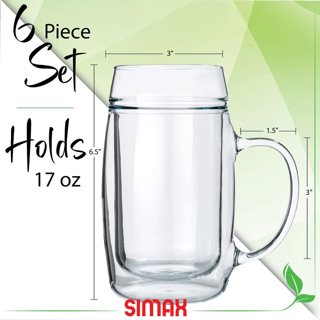 17 oz Double Walled Glass Beer Mugs with Handles (6) I3720