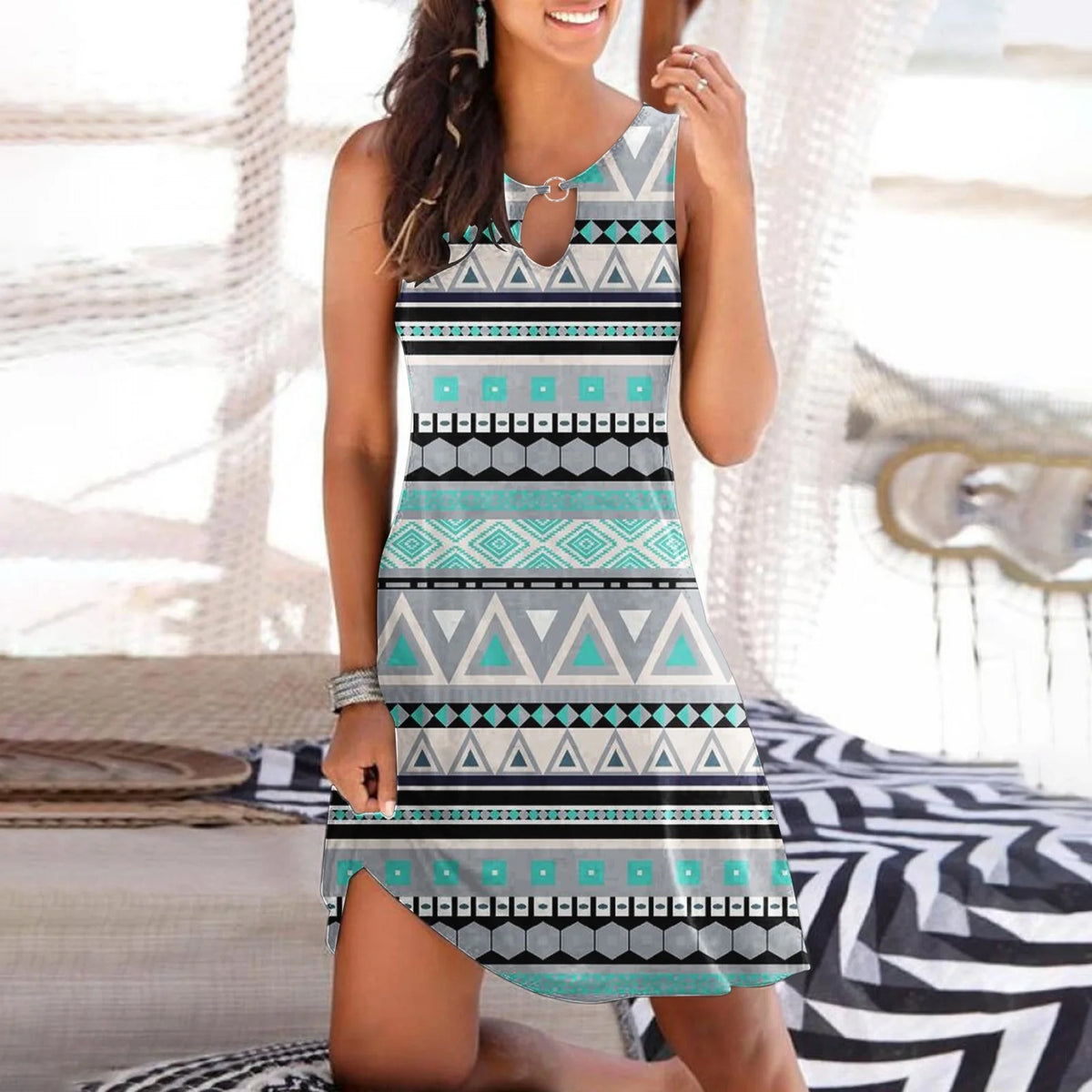 Sleeveless Crew Neck Boho Swing Dress K198815
