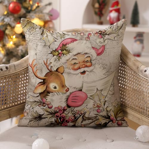 Christmas Pillow Covers 18x18 inch Set of 4 Santa Claus Reindeer Throw Pillow Covers E700