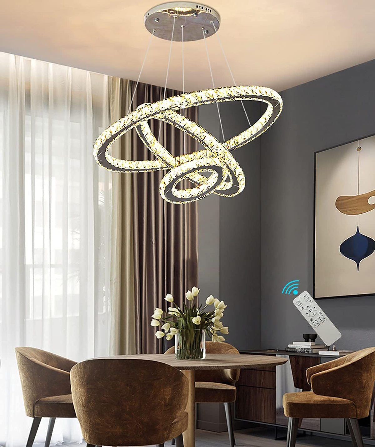 Modern K9 Crystal Chandelier LED Dimmer 3 Ring Ceiling Pendant Light N269
