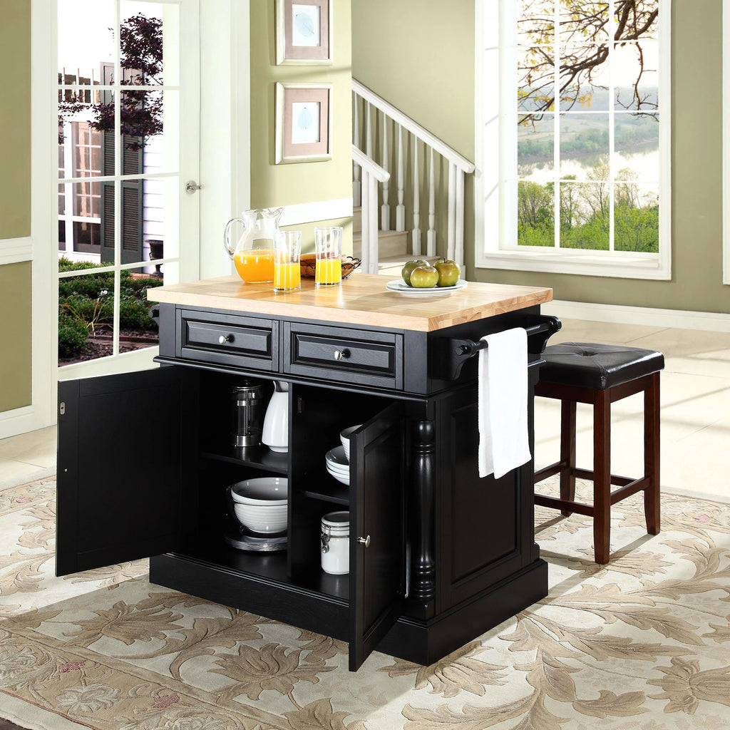 Wood Kitchen Island with Square Stools in Black G362