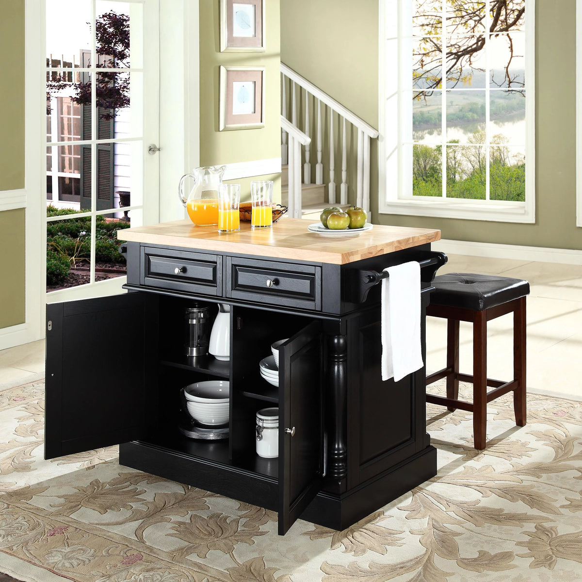 Wood Kitchen Island with Square Stools in Black G362