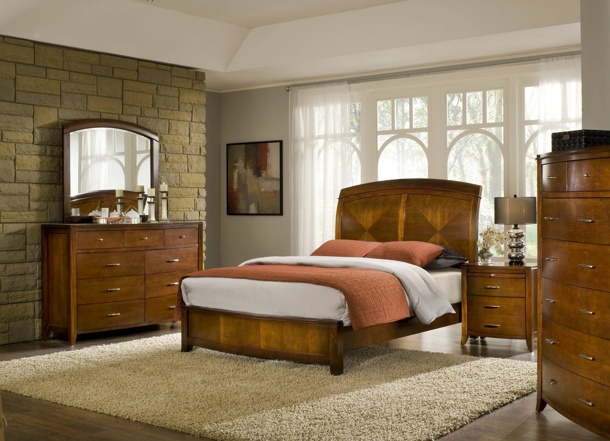 Cal King Bed, 2 Nightstand, Dresser & Mirror Set in Mahogany Spice B785