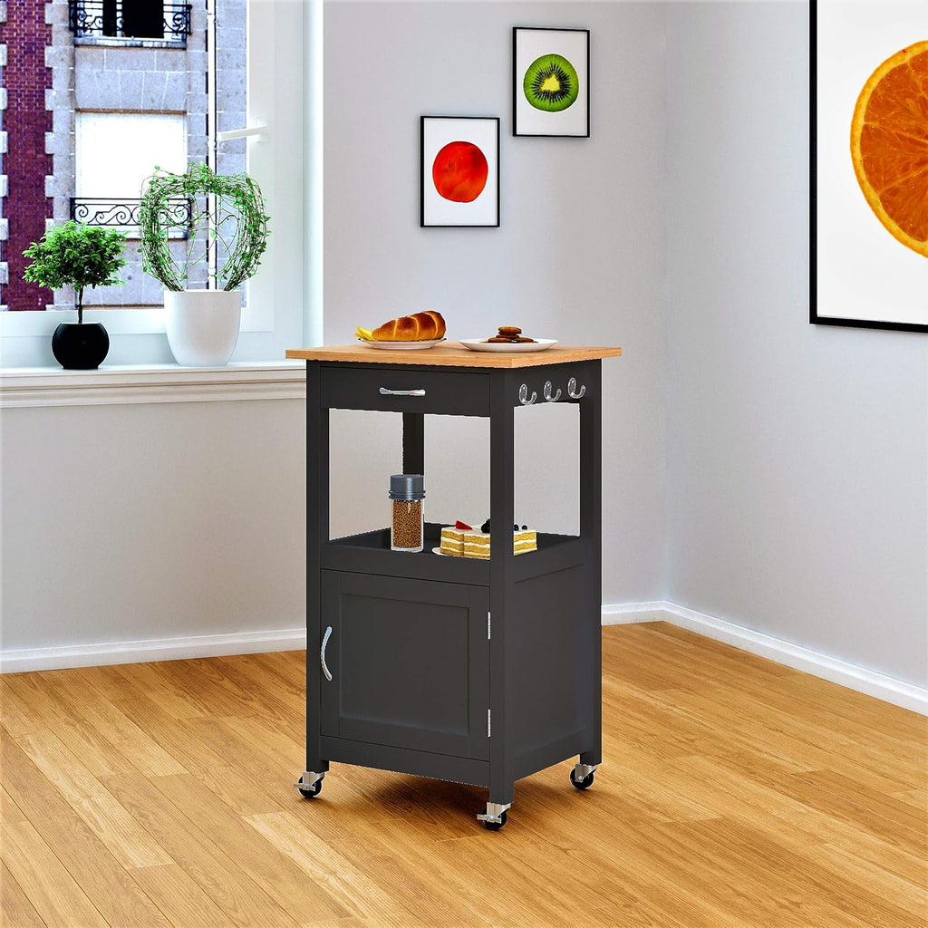 White Kitchen Island Cart with Natural Solid Hard Wood Top W89254