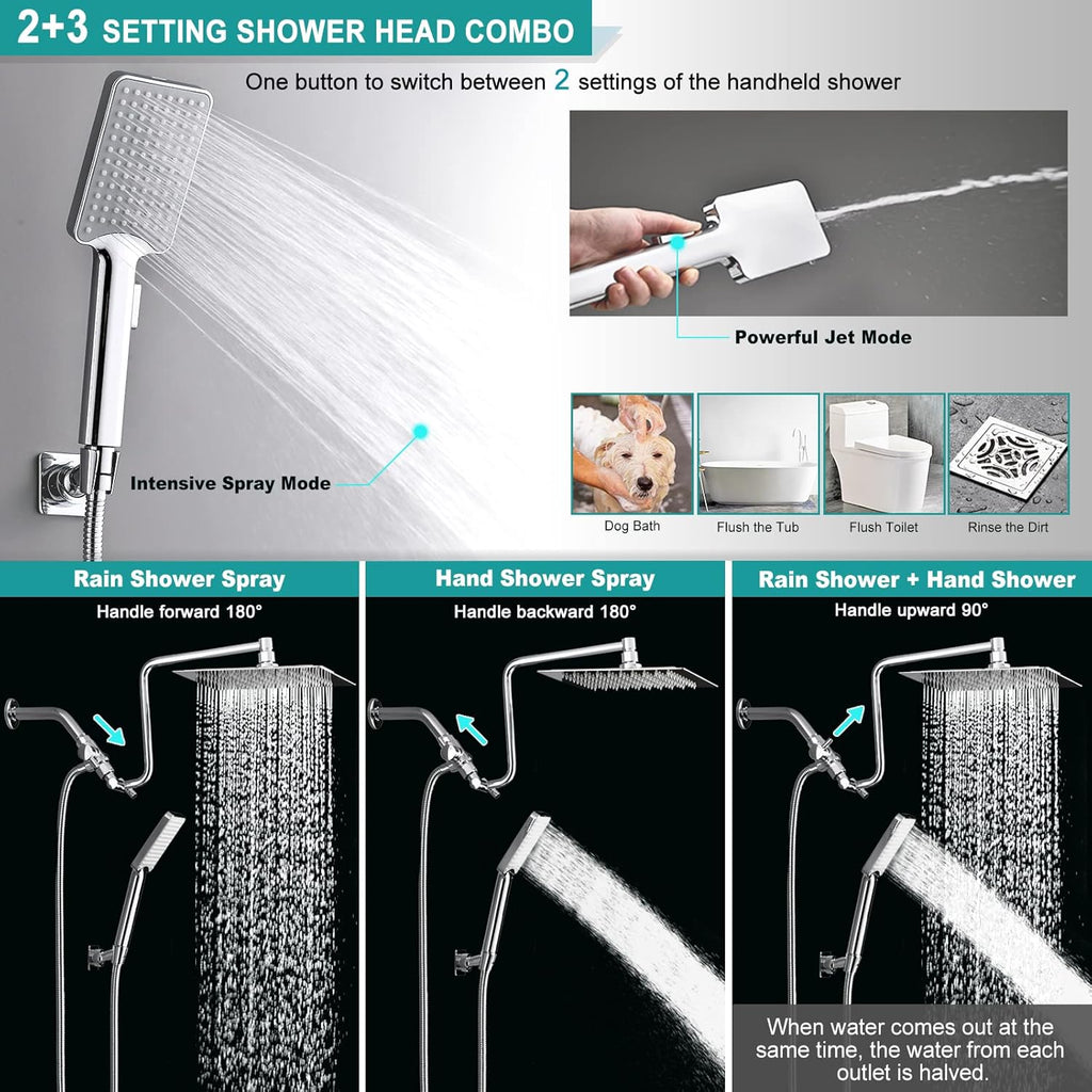 Chrome Rainfall Shower Head with Handheld Combo, Stainless Steel, Brass Holder, Extra Long Hose W88915