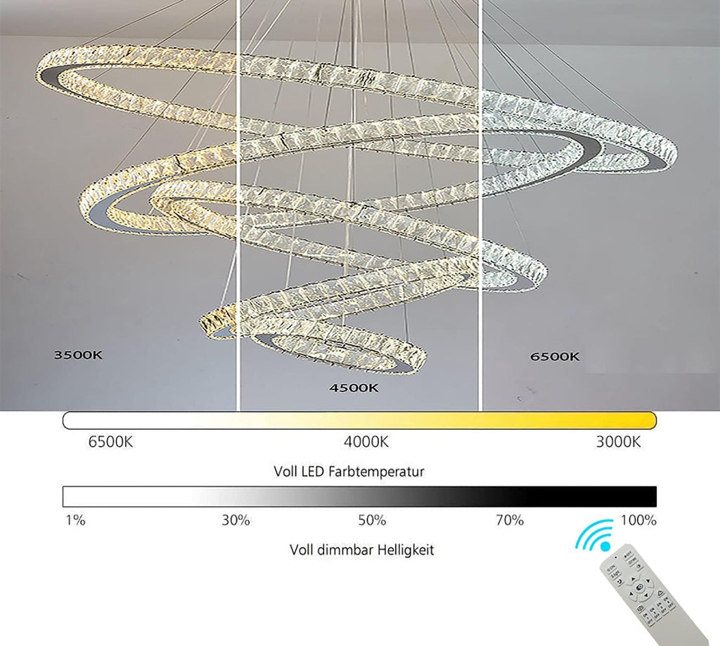 Modern K9 Crystal Chandelier LED Dimmer 3 Ring Ceiling Pendant Light N269