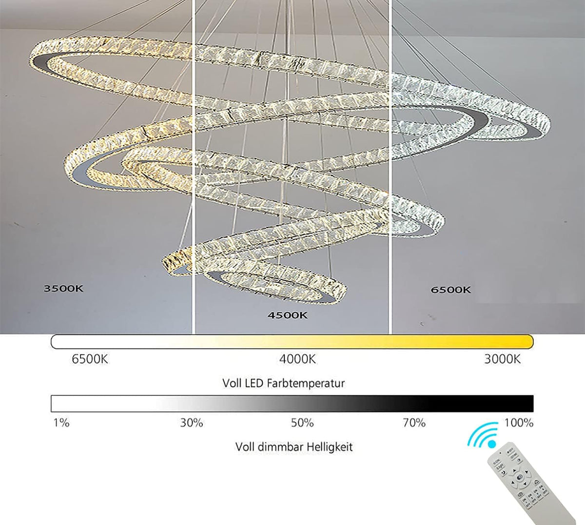 Modern K9 Crystal Chandelier LED Dimmer 3 Ring Ceiling Pendant Light N269