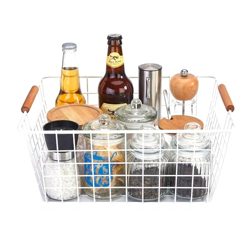 White Wire Baskets with Wooden Handles Set of 2 V34931