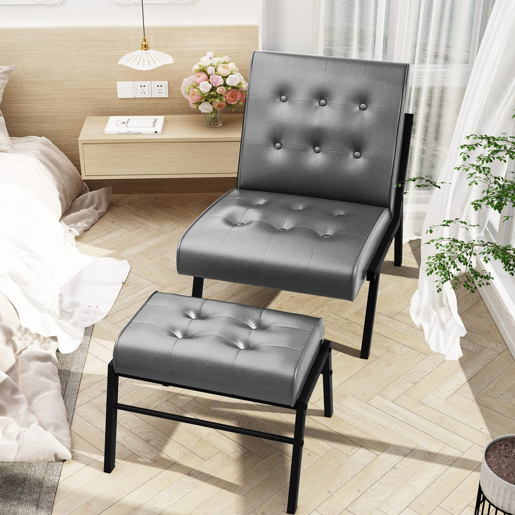 Grey Leather Accent Chair with Ottoman I4524