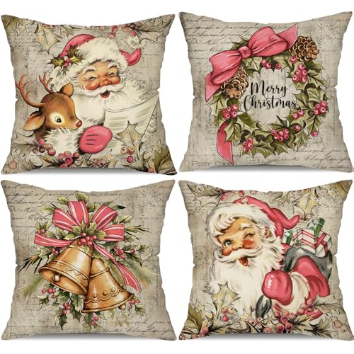 Christmas Pillow Covers 18x18 inch Set of 4 Santa Claus Reindeer Throw Pillow Covers E700