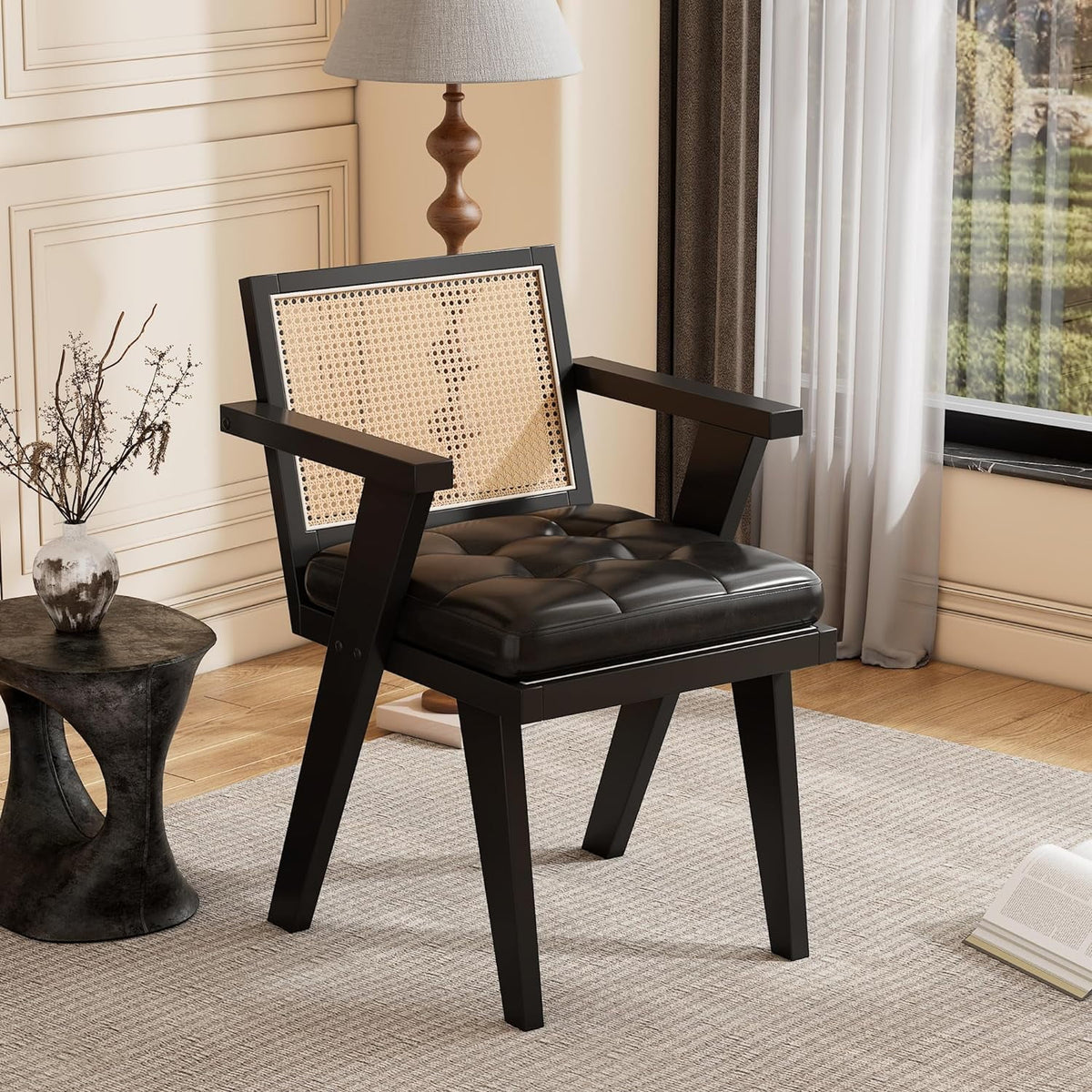 Mid Century Modern Accent Chair with Rattan Backrest and Padded Seat H699386