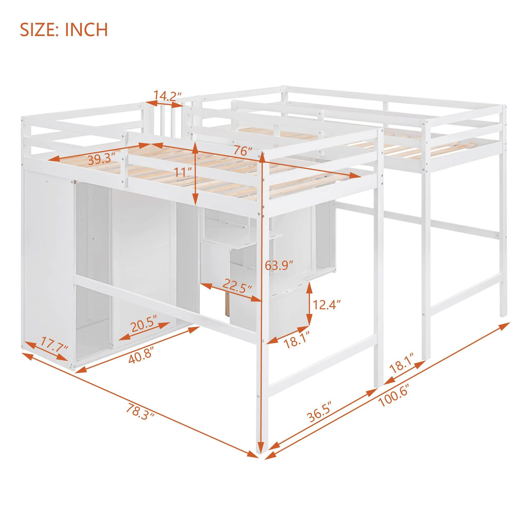 Solid Wood Double Twin Loft Bed with Wardrobes and Staircase G40517