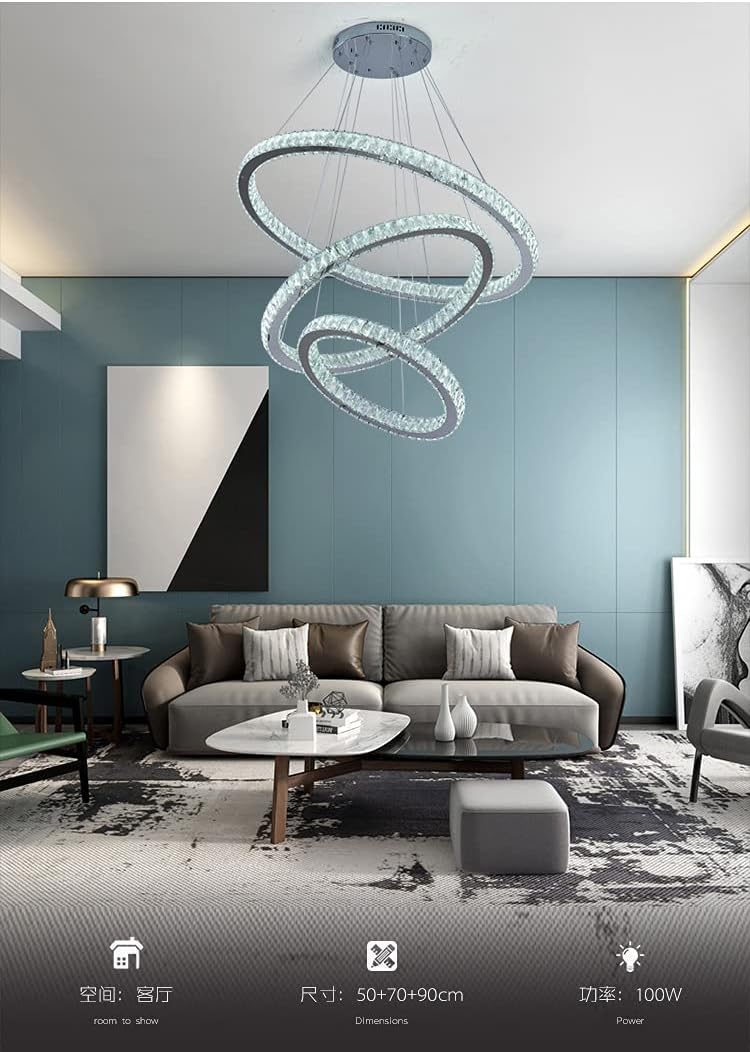 Modern K9 Crystal Chandelier LED Dimmer 3 Ring Ceiling Pendant Light N269