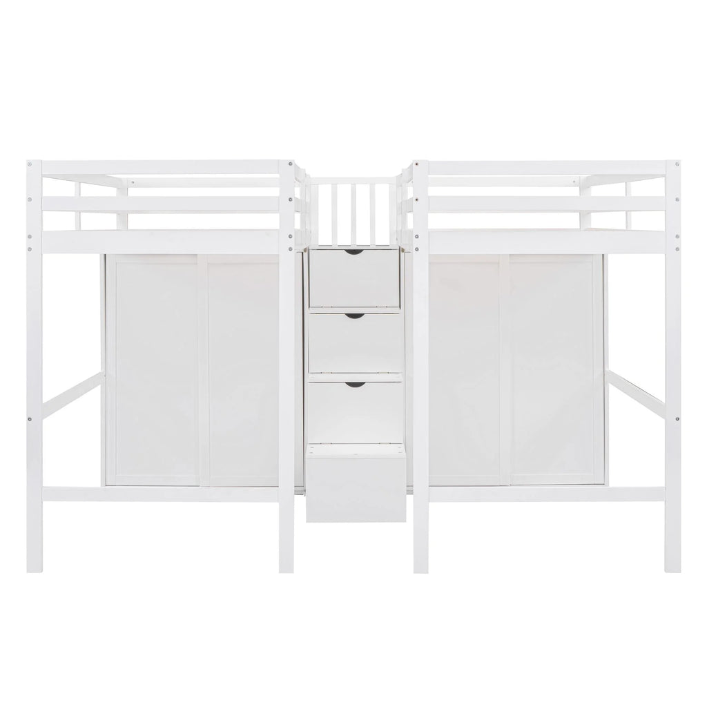 Solid Wood Double Twin Loft Bed with Wardrobes and Staircase G40517