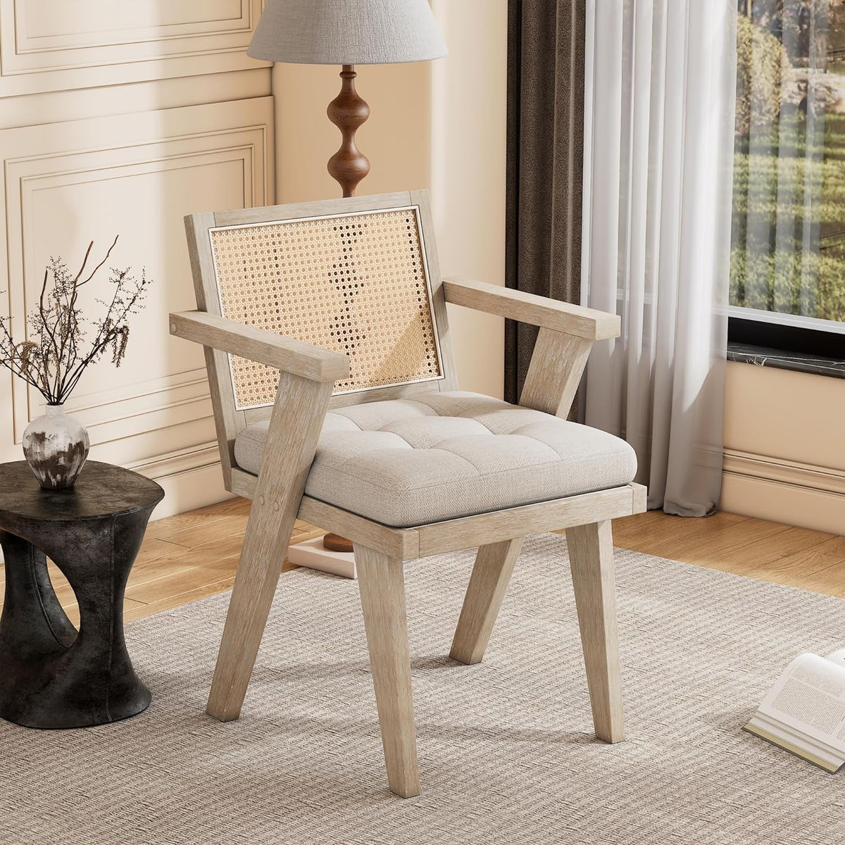 Mid Century Modern Accent Chair with Rattan Backrest and Padded Seat H699386