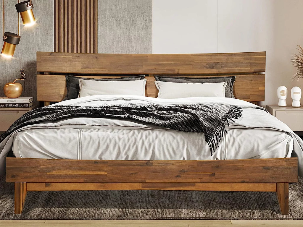 14 Inch Wood Platform Bed with Headboard Queen Size Caramel O395